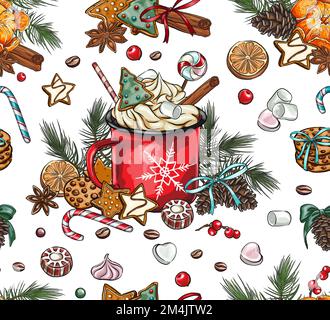 Motifs sans couture festifs hiver Collection avec décoration de boissons chaudes : café, thé, chocolat, cappuccino, Illustration de Vecteur