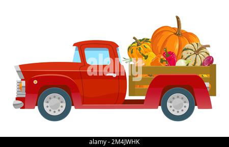 Ensemble de camion d'automne Vintage avec illustration vectorielle Pumpkins sur blanc Illustration de Vecteur