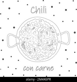 Chili con carne avec viande hachée de bœuf, bens, oignon et tranche de piment dans un grand pot avec poignées et lettrage avec éléments décoratifs dans le style des nouilles. Isoler. Cuisine traditionnelle latino-américaine et mexicaine. EPS Illustration de Vecteur