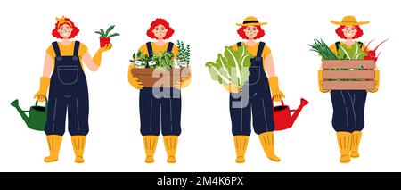 Un ensemble de caractères comme blanc mignon jardinier. Jeune femme souriante portant une boîte de légumes. REDHEAD fille dans un chapeau tenant le chou chinois et l'eau Illustration de Vecteur