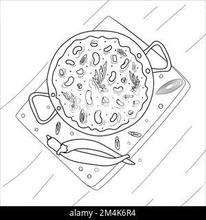 Chili con carne sur une surface en bois avec du piment et des tranches épicées. Un plat traditionnel de cuisine mexicaine. Cuisine latino-américaine. Isoler. Idéal pour les affiches, les menus, les brochures, les invitations ou les étiquettes. EPS Illustration de Vecteur