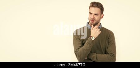 son propre style. hommes tendance avec montre de poignet isolée sur blanc. accessoire de mode pour hommes. temps. Portrait de visage d'homme, bannière avec espace de copie. Banque D'Images