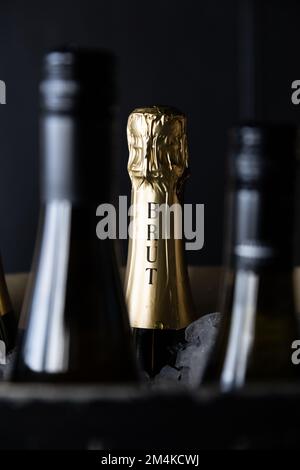 Champagne brut dans un seau à glace Banque D'Images