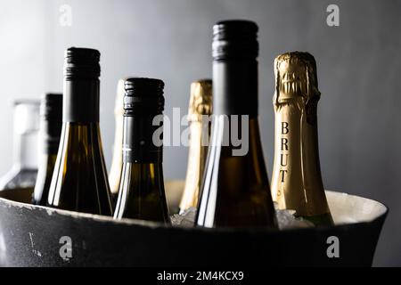 Champagne brut dans un seau à glace Banque D'Images