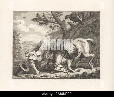 La femme du fermier et le Corbeau. Un emballeur tombe sur une route qui fait sortir des œufs des valises. La femme de l'agriculteur se curse à un corbeau dans un arbre. Gravure sur plaque de coperplate par Peter Mazell d'après une illustration de John Wootton de Fables par John gay, avec a Life of the Author, John Stockdale, Londres, 1793. Banque D'Images