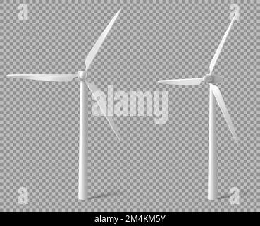 Vue avant et d'angle de l'éolienne. Production d'énergie renouvelable alternative, concept d'énergie verte. Maquette de moulin à vent réaliste avec ailettes blanches isolées sur fond transparent Illustration de Vecteur