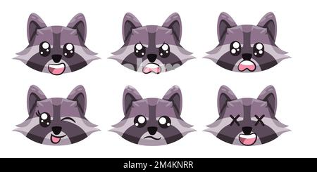 Raton laveur visage d'expression avec les yeux et la bouche collection blanc de dessin animé isolé illustration Illustration de Vecteur