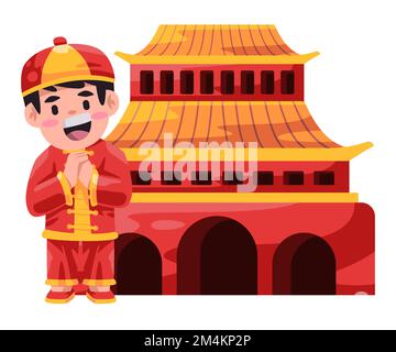 Les enfants chinois portant un costume traditionnel posent devant le bâtiment historique chine dessin illustration Illustration de Vecteur