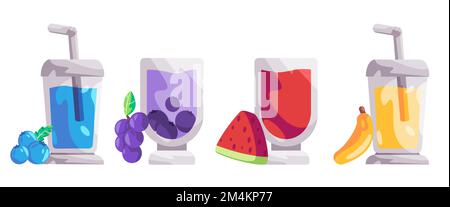 Jus de fruits frais collection d'eau de raisin de bleuet et de boisson à la banane Illustration de Vecteur