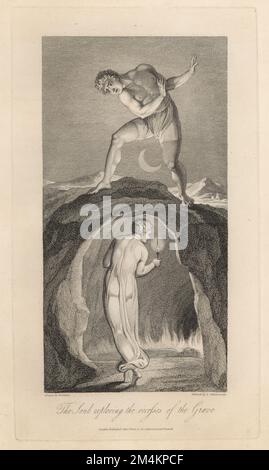 L'âme explorant les cavités de la tombe (plaque VII). Une femme dans un carénage avec bougie marche vers les flammes dans une grotte. Un homme regarde depuis le haut au clair de lune. Gravure sur plaque de coperplate par Louis Schiavonetti d’après un dessin original de William Blake de la tombe de Robert Blair, T. Bensley pour Rudolph Ackermann, 1813. Banque D'Images