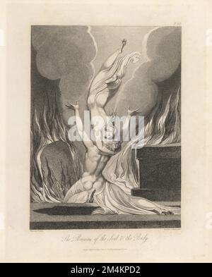 La Réunion de l'âme et du corps (tôle X). Une figure masculine embrassée par une femme enveloppée de plongée d'esprit d'en haut. Des flammes et de la fumée s'enflamment d'une tombe et d'une pierre tombale. Gravure sur plaque de coperplate par Louis Schiavonetti d’après un dessin original de William Blake de la tombe de Robert Blair, T. Bensley pour Rudolph Ackermann, 1813. Banque D'Images