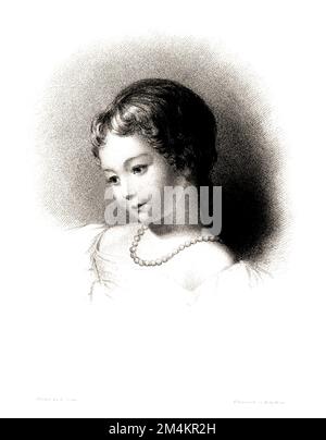 1820 CA , GRANDE-BRETAGNE : Portrait de l'ADA britannique BYRON aka Augusta Ada King Comtesse de Lovelace ( 1815 - 1852 ), quand était un enfant . Femme mathématicienne et écrivain, principalement connue pour son travail sur l'ordinateur mécanique à usage général proposé par Charles Babbage , le moteur analytique . Elle a été la première à reconnaître que la machine avait des applications au-delà du calcul pur, et à avoir publié le premier algorithme destiné à être exécuté par une telle machine. En conséquence, elle est souvent considérée comme le premier programmeur informatique . Était la seule fille légitime du célèbre poète romantique Lord Geo Banque D'Images