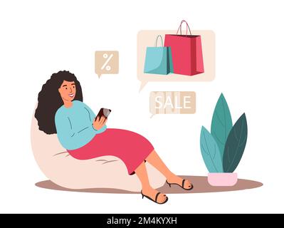 Femme détendue faisant des achats en ligne avec le téléphone mobile, achetant des vêtements en vente. Acheteur utilisant un smartphone, effectuant des achats via Internet à la maison. Plat Banque D'Images