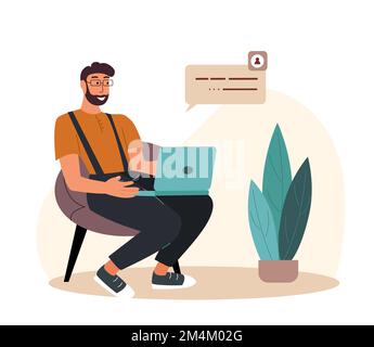 Homme travaille avec un ordinateur portable via Internet.travailleur informatique freelance travaillant en ligne.personne freelancer assis dans la chaise et tapant smth avec l'ordinateur sur les tours. FLA Banque D'Images