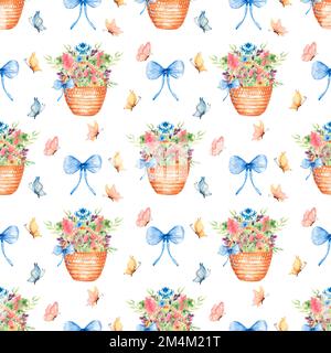 Aquarelle été motif sans couture avec jolie cravate bleue, panier de fleurs sauvages, papillons, bouquet de fleurs de prairie. Joli jardin de printemps dessiné à la main Banque D'Images