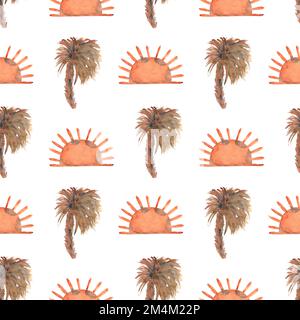 motif abstrait aquarelle sans couture, palmier peint à la main, papier solaire. Motif boho vintage, Art moderne, imprimé bohémien, beige, orange, marron Banque D'Images