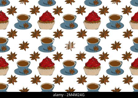 Motif Seamles avec tasses à café, épices et biscuits. Collection de Noël, illustration du dessin à la main. Banque D'Images