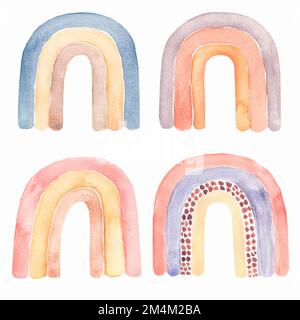 Ensemble de raindow aquarelle abstrait pour enfants, clipart avec arcs-en-ciel en boho peints à la main. Art de la pépinière dans le style scandinave tendance.Art contemporain Banque D'Images