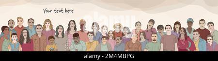 Groupe de personnes diversité hommes femmes enfants adolescents aînés.diverses personnes de différents âges. Cultures diverses. Concept d'égalité raciale. Multiculturel Illustration de Vecteur