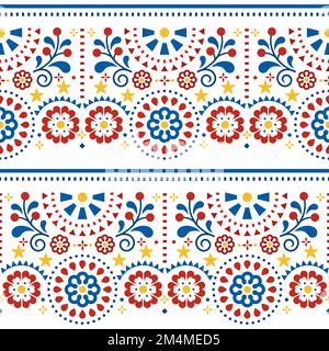 Décoration vectorielle d'art populaire mexicain avec fleurs, motif sans couture jaune, rouge et bleu - papier peint, textile ou imprimé en tissu Illustration de Vecteur