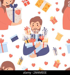 Motif sans couture avec homme et femme heureux avec des cadeaux sur fond blanc avec des boîtes-cadeaux et des coeurs. Illustration vectorielle pour le design de vacances, l'emballage Illustration de Vecteur