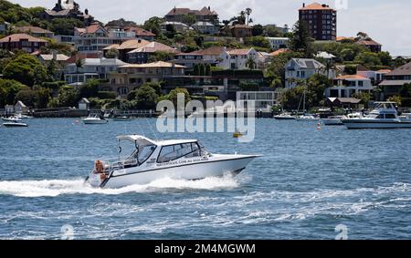 Gros plan sur un taxi en bateau blanc qui traverse le port de Sydney, en Australie, le 9 décembre 2022 Banque D'Images