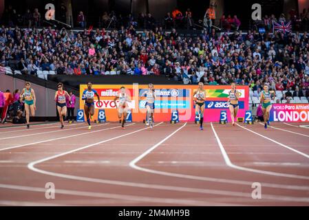 Sophie Hahn, Kadeena Cox, Lindy Ave, Olivia Breen, coureurs en compétition en T38 100m aux Championnats du monde d'athlétisme Para au London Stadium 2017 Banque D'Images