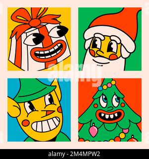 Bonne année et Joyeux Noël carte postale de dessin animé rétro. Cartes de Noël de style Groovy avec Père Noël, cadeau, arbre de Noël et elfe. Vecteur Illustration de Vecteur