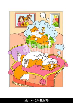 Joli chat rêvant allongé sur l'oreiller. Illustration de dessin animé vectoriel dessinée à la main isolée sur fond blanc. Conception plate. Pour livres à colorier, éducation, Illustration de Vecteur