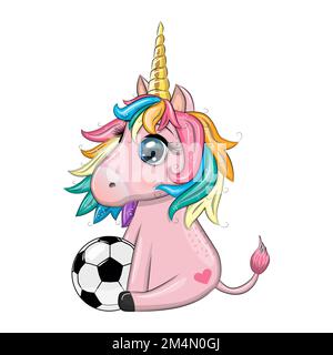 Adorable dessin animé unicorn avec ballon de football, été, jeux pour enfants, club. Illustration de Vecteur