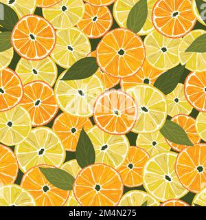 Motif sans couture avec orange vif, tranches de citron et feuilles vertes. Fond d'écran coloré pour un design textile, des cartes de vœux et des fonds d'écran. Main Illustration de Vecteur