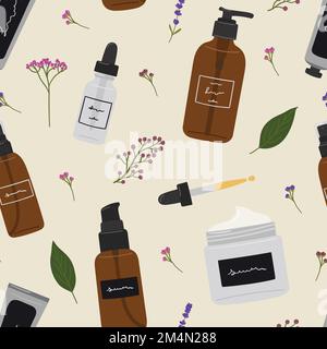 Modèle sans couture de bouteilles, bocaux et tubes recyclables avec des cosmétiques biologiques, des produits de soin de la peau et des feuilles. Nettoyant, tonifiant, sérum, traitements, huile Illustration de Vecteur