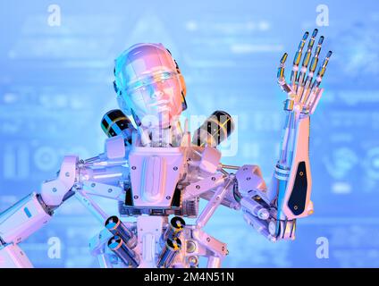 Robot, humanoid ou cyborg android bras robotisé levé en orvant Bonjour. Machine intelligence artificielle, science, ai technologie 3D publicité cybernétique Banque D'Images