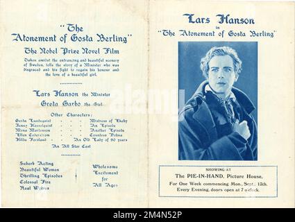 Version originale British Herald / Flyer pour LARS HANSON et GRETA GARBO dans GOSTA BERLINGS SAGA / L'EXPIATION DE GOSTA BERLING / LA SAGA DE GOSTA BERLING 1924 réalisateur MAURITZ STILLER roman Selma Lagerlof Svensk Filmindustri (SF) Banque D'Images