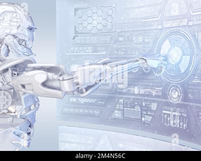 Robot cyborg android touchant l'écran sensible HUD de science-fiction avec interface utilisateur futuriste. Intelligence artificielle innovante et réalité virtuelle, 3D Banque D'Images