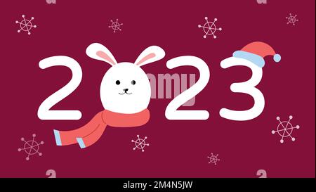 2023 année de lapin. Bannière du nouvel an avec joli foulard lièvre ih de dessin animé. Illustration vectorielle. Numéros 2023 avec adorable visage de lapin sur fond rouge. Illustration de Vecteur