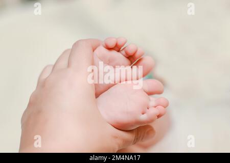 Maman tient les jambes d'un nouveau-né dans ses paumes. Les doigts roses du bébé sur le fond d'un lit blanc. Banque D'Images