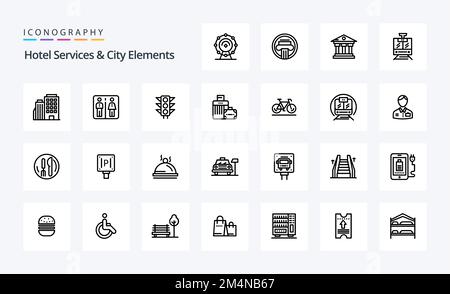 25 Pack d'icônes de la ligne des services hôteliers et de la ligne City Elements Illustration de Vecteur
