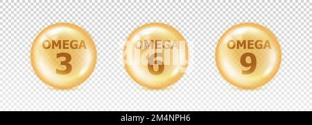 Omega 3, 6, 9. Définir la graisse de poisson. Vitamine isolée sur fond transparent. Icône de nutriment. Orbe jaune pil. Grand cercle en verre. Bulle d'huile 3D Illustration de Vecteur
