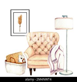 Aquarelle illustration de l'intérieur de la salle de séjour avec peinture intérieure et décor. Clipart. Éléments de décoration sur fond blanc. Panier en osier. T Banque D'Images