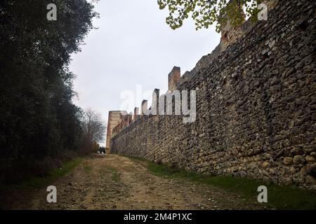 Sentier de terre montant bordé par une oliveraie et un ancien mur frontière par une journée nuageux Banque D'Images