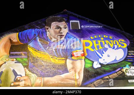 Une fresque du joueur de Leeds Rhinos Sir Kevin Sinfield sur une extrémité de pignon dans le quartier de Headingley à Leeds. Créé par l'artiste James Archer Banque D'Images