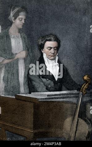 Cette illustration montre le compositeur allemand Ludwig van Beethoven et la comtesse Therese. Beethoven (1770-1827), compositeur et pianiste, est l'un des compositeurs les plus admirés de l'histoire de la musique occidentale. Ses œuvres figurent parmi les plus jouées du répertoire de musique classique et couvrent la transition de la période classique à l'ère romantique en musique classique. La comtesse Therese était membre de la noblesse hongroise. L'une des étudiantes de Beethoven, elle a été la dédicataire de sa Sonate pour piano n° 24. Certains ont spéculé qu'elle—et non sa sœur Josephine qui est généralement acceptée comme addres Banque D'Images