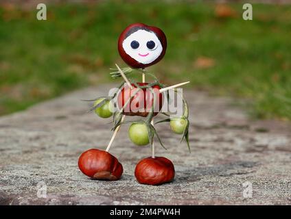 Jolie figurine châtaigne avec de petites tomates sur le mur, Rhénanie-du-Nord-Westphalie, Allemagne Banque D'Images