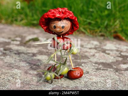 Jolie figurine châtaigne avec de petites tomates sur le mur, Rhénanie-du-Nord-Westphalie, Allemagne Banque D'Images