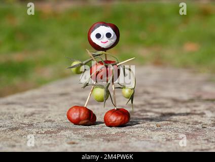 Jolie figurine châtaigne avec de petites tomates sur le mur, Rhénanie-du-Nord-Westphalie, Allemagne Banque D'Images