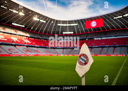 Tableau de bord, vue d'ensemble, intérieur, drapeau d'angle, logo, FC Bayern, Allianz Arena, Munich, Bavière, Allemagne Banque D'Images