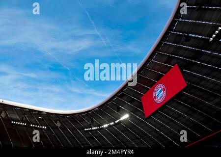 FC Bayern, construction de toit, tableau de bord, vue d'ensemble, intérieur, Drapeau d'angle, Allianz Arena, Munich, Bavière, Allemagne Banque D'Images