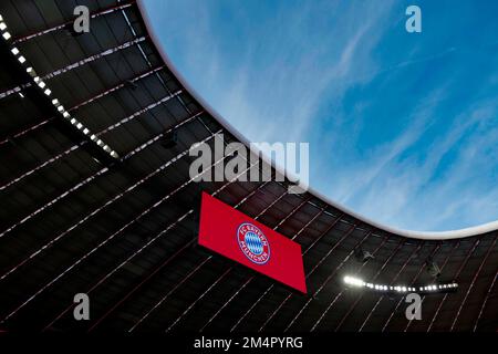 FC Bayern, construction de toit, tableau de bord, vue d'ensemble, intérieur, Drapeau d'angle, Allianz Arena, Munich, Bavière, Allemagne Banque D'Images