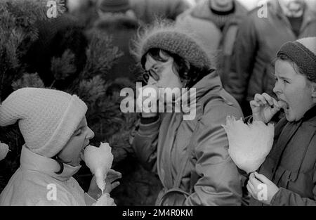 GDR, Berlin, 25. 11. 1988, mère, enfants candyfloss, au marché de Noël à Alexanderplatz Banque D'Images